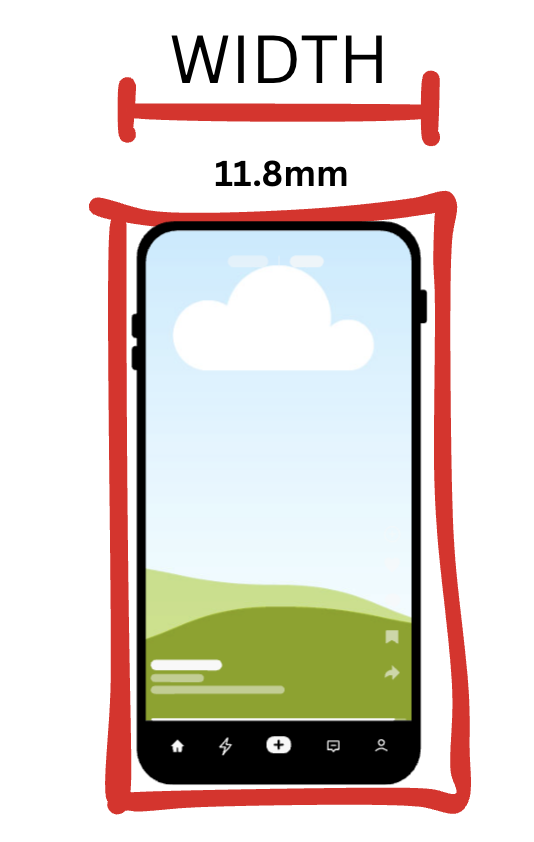 Original phone-shaped sketch with a red horizontal width marker and an 11.8 mm label above the screen.