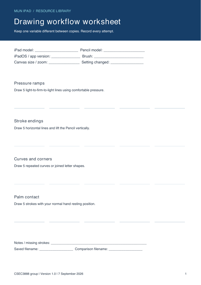 Drawing worksheet with fields for device and brush settings, plus groups for pressure ramps, stroke endings, curves and palm contact.