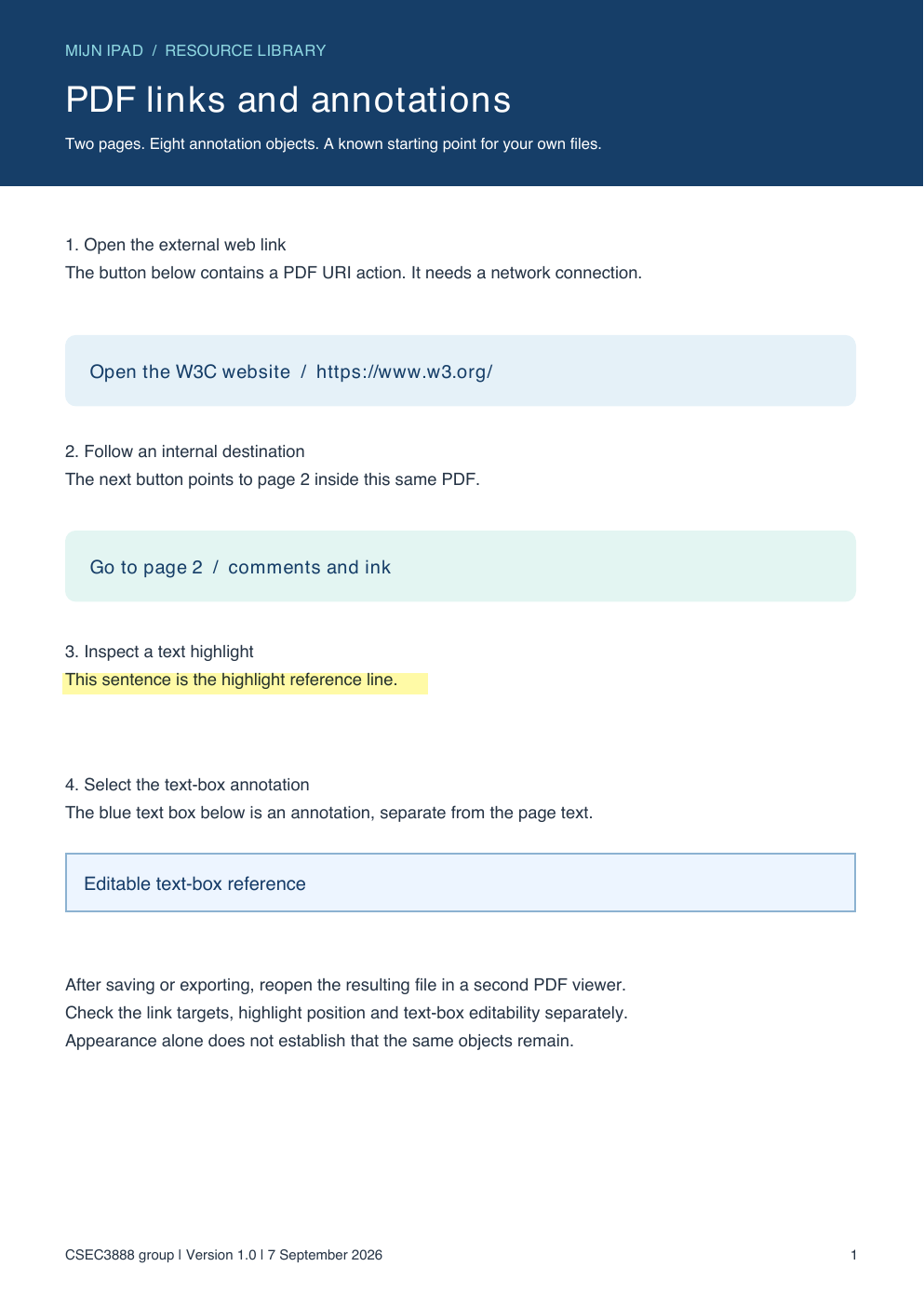 First page of the reference PDF with an external web link, an internal page link, a highlighted sentence and a text-box annotation.